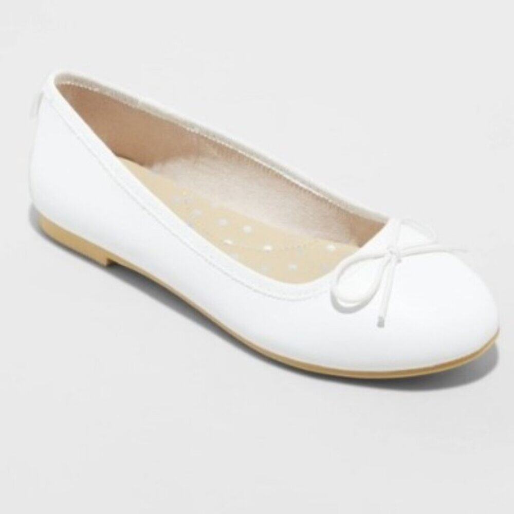 Cat & Jack Brand Girl's size 4 White Ballet Flats Slip On Bow Accent holidays
